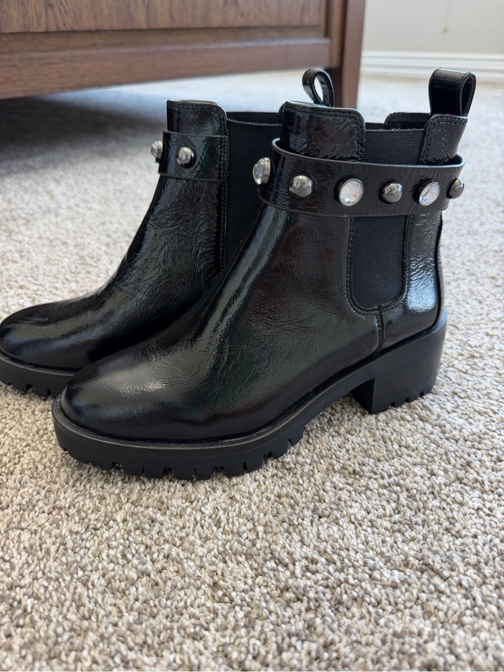 Karl Lagerfeld Black Patent Paris Porshay Lug Sole Chelsea Booties w/Stud Trim